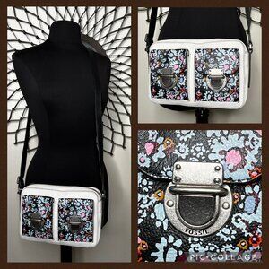 Fossil Riley White Leather Floral Crossbody Handbag Adjustable Strap Sm Purse